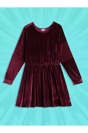 Ralph Lauren Girls Maroon Solid Velvet A-Line Dress