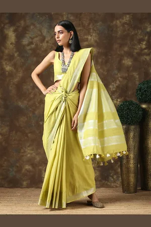 Triyah Yellow & Silver-Toned Zari Pure Linen Saree