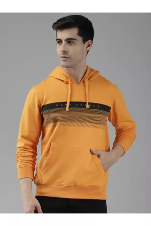 Park Avenue Men Mustard Yellow Striped Hooded Sweatshirt