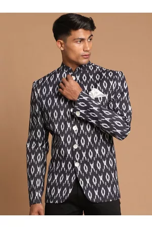 Vastramay Men Black & White Ikat Printed Nehru Jacket