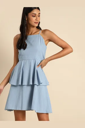 DODO & MOA Women Blue Solid Tiered Denim Fit and Flare Dress