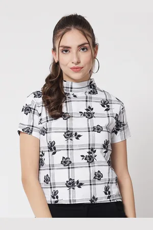 KOTTY Women White & Black Floral Printed Cotton Blend Top