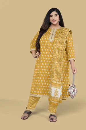 Mirchi Fashion Plus Size Women Batik Print Pure Cotton Kurta With Trouser And Dupatta