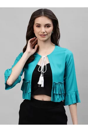 DEEBACO Women Turquoise Blue Crop Shrug