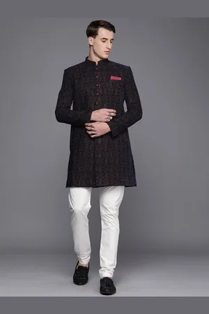 Manyavar Men Navy Blue Embroidered Velvet Sherwani Set