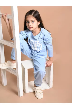LilPicks Girls Blue & White Printed Top with Jogger