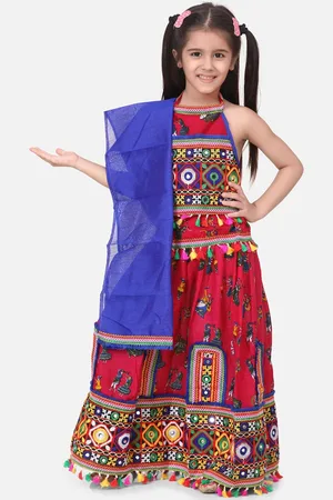 BownBee Girls Red & Blue Embroidered Ready to Wear Chaniya Choli