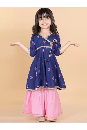 ADIVA Girls Blue Floral Printed Angrakha Gotta Patti Pure Cotton Kurti with Sharara