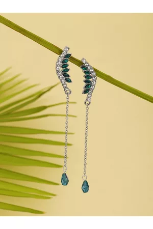 Carlton London Silver-Toned & Green Contemporary Drop Earrings