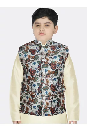 SG Boys White & Blue Floral Printed Nehru Jacket