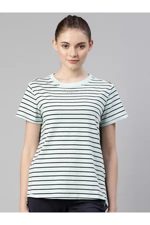 ENAMORA Athleisure Women Striped Relaxed Fit Antimicrobial Raw Edge T-shirt