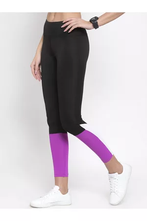Boston Club Women Black & Purple Colourblocked Skinny-Fit Cropped Tights