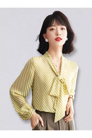 JC Collection Women Yellow Striped Tie-Up Neck Shirt Style Top