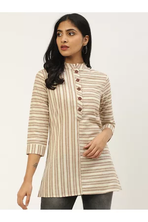 Cottinfab Women Brown & Off-White Striped Tunic
