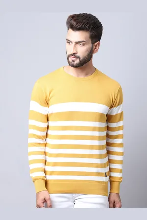 CANTABIL Men Mustard & White Striped Pullover