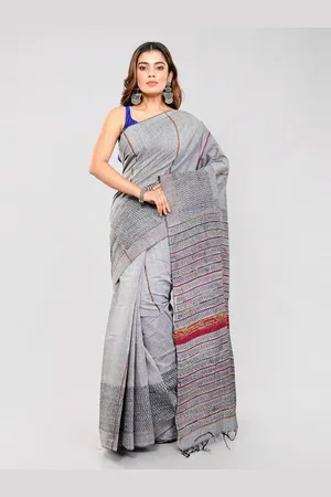 ArtEastri Grey & Red Embroidered Pure Cotton Khesh Kantha Saree with Blouse Piece