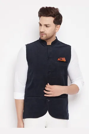Even Men Navy Blue Woven Design Nehru Jacket