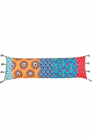 Chumbak Blue & Yellow Ornate Patchwork Lumbar Pillow Cover