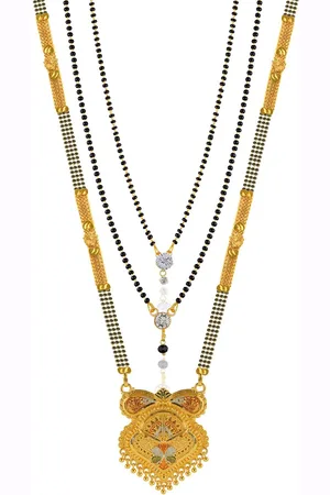 Brandsoon Set Of 3 Gold-Plated White Stone-Studded & Black Beaded Mangalsutra
