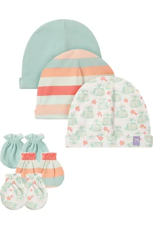 MiArcus Infants Kids Set of 3 Blue & White Printed Beanie & Mitten Set
