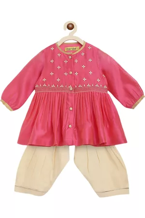 Tiber Taber Girls Pink & Beige Embroidered Kurta with Dhoti Pants