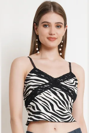 Popwings Women Black Animal Print Crop Top