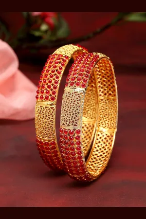 Zeneme Set of 2 Red & Gold Gold-plated Pearl Studded Bangles with Filgree Design