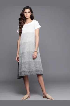 Fabindia White & Grey Striped A-Line Dress