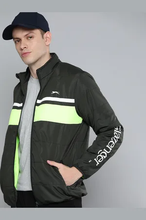 Slazenger Men Olive Green Fluorescent Green Colourblocked Sporty Jacket