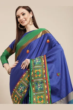 Mitera Blue & Green Ethnic Motifs Embroidered Silk Cotton Chanderi Saree