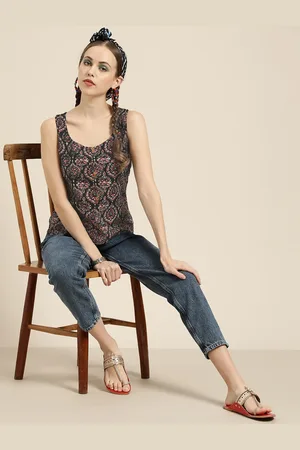 Sangria Women Black & Grey Printed Pure Cotton Top