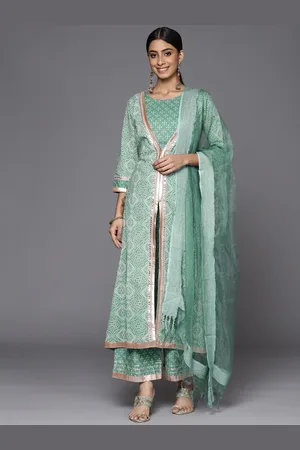 Varanga Women Teal Bandhani Printed High Slit Gotta Patti Pure Cotton Kurta with Palazzos & With Dupatta