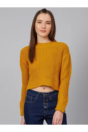 Cayman Women Mustard Yellow Ribbed Crop Pullover Sweater
