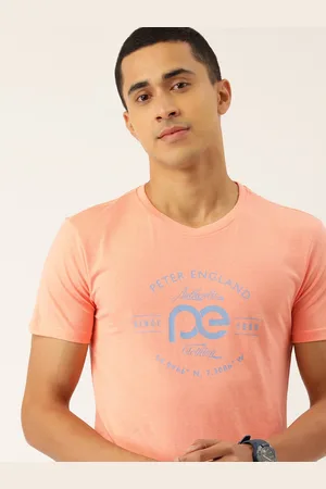 Peter England Men Peach-Coloured & Blue Brand Logo Printed T-shirt