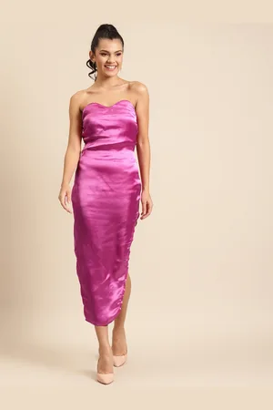 DODO & MOA Women Pink Solid Sheen Satin Off Shoulder Sheath Dress