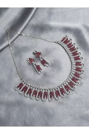 Voylla Women Silver Plated Pink CZ-Studded Necklace Set