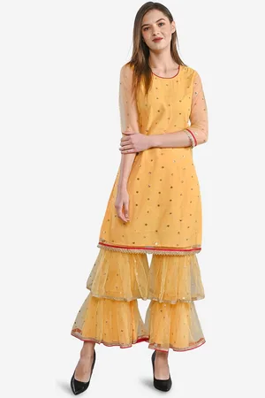 BE INDI Women Yellow Woven Design Kurta with Sharara