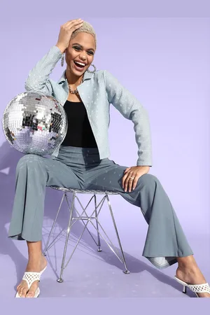 ATHENA Women Blue Crop Jacket With Flared Trousers