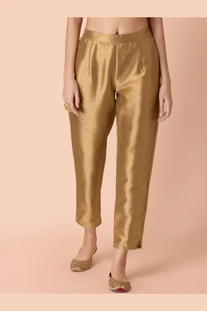 women gold solid cigarette trousers