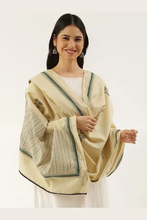 ArtEastri Beige & Olive Green Embroidered Pure Cotton Dupatta with Kantha Work
