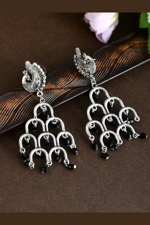 Shoshaa Women Black & Silver-Plated oxidised Peacock Shaped Drop Earrings