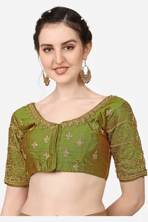 PUJIA MILLS Women Green Embroidered Silk Saree Blouse