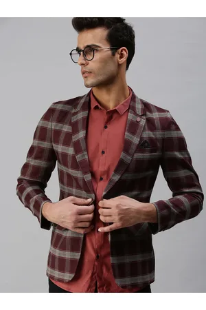 SHOWOFF Men Maroon & Grey Checked Printed Single-Breasted Slim-Fit Casual Blazer