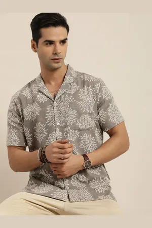 Taavi Men Grey & Off-White Bagru Folk Printed Pure Cotton Casual Shirt
