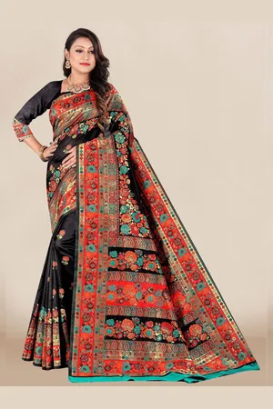 VAIRAGEE Black & Red Floral Banarasi Saree
