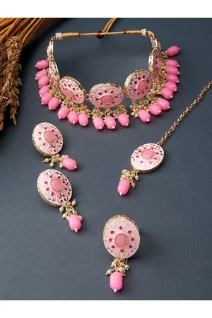 Zaveri Pearls Gold-Plated Pink Stone-Studded & Beaded Meenakari Jewellery Set