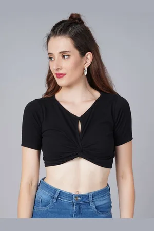 Cation Black Solid Pure Cotton Crop Top