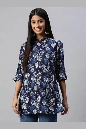 Divena World Women Navy Blue & White Printed Shirt Style Top