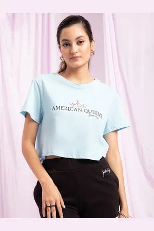 KENDALL + KYLIE Women Blue Typography Raw Edge Oversized T-shirt
