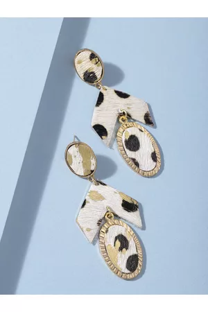 DEEBACO Beige & Rose Gold Leather Textured Geometric Drop Earrings